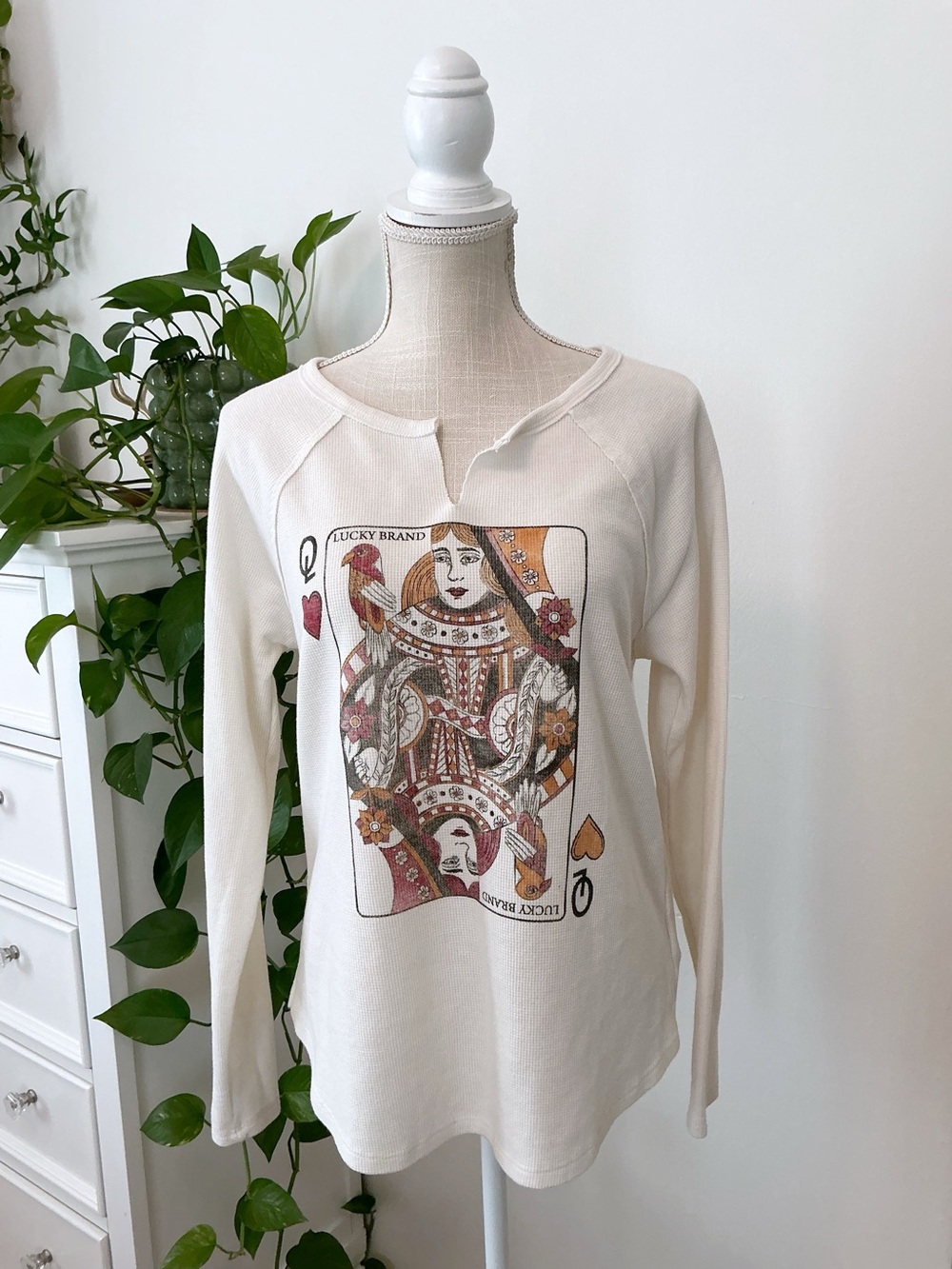 Lucky Brand | Cream Queen of Hearts Thermal Split Neck Long Sleeve size M